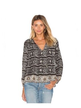 Joie Black and Cream Printed V-Neck Long Sleeve Blouse